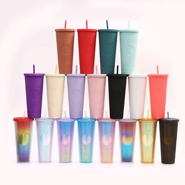 24oz Reusable Double Wall Plastic DIY Studded Diamond Durian Tumbler Cups with Lid and Straw for Iced Coffee