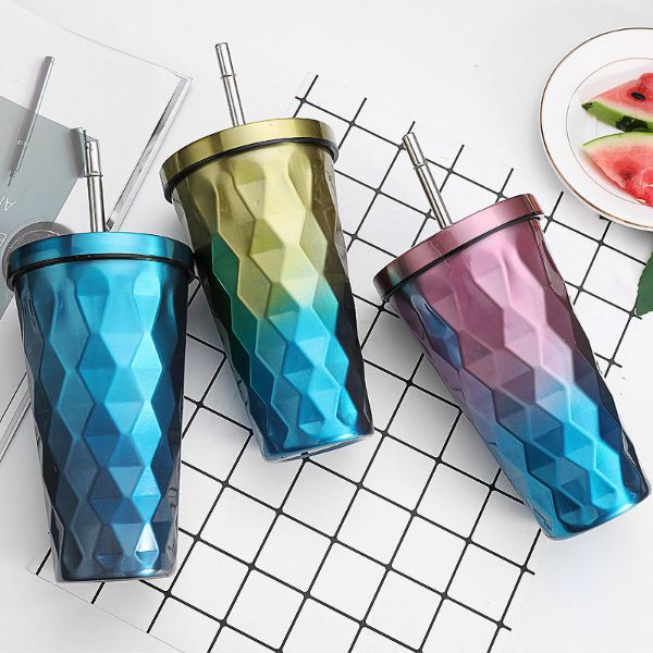 Custom Rhombus Shape Stainless Steel Coffee Travel Tumbler Cups With Lids And Straws