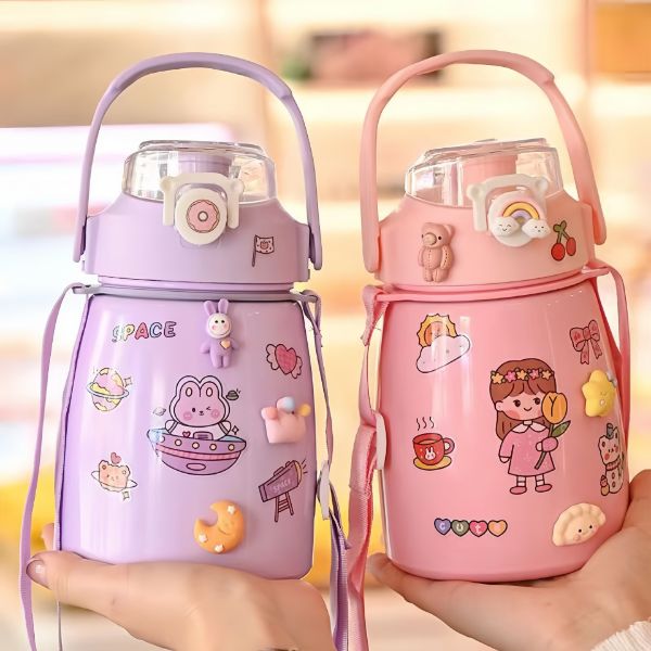 Custom Carton Portable Stainless Steel Big Capacity Insulated Cup with Sticker Kids Drinking Vacuum Water Bottle with Straw and Rope