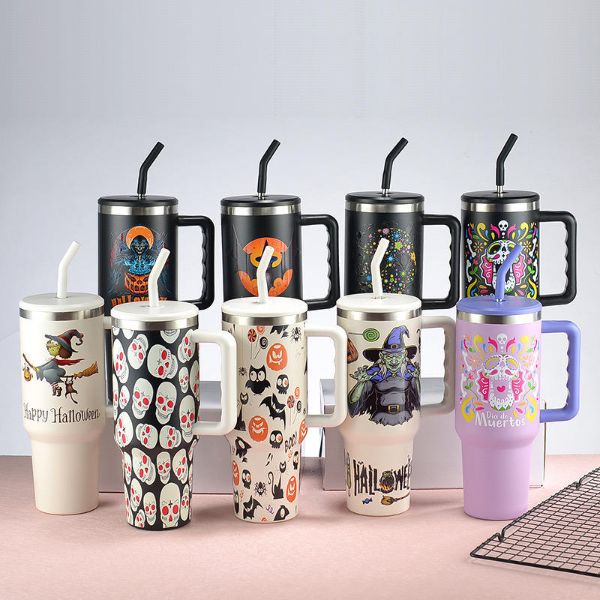 Custom Halloween 40oz Stainless Steel Leakproof Insulated Car Cup Outdoor Travel Tumbler with Handle and Straw