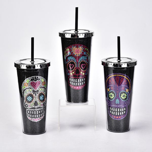 Custom Halloween 24oz Cold Cup Colorful Glitter Rhinestones Bling Double Walled Skull Plastic Tumbler With Lid and Straw