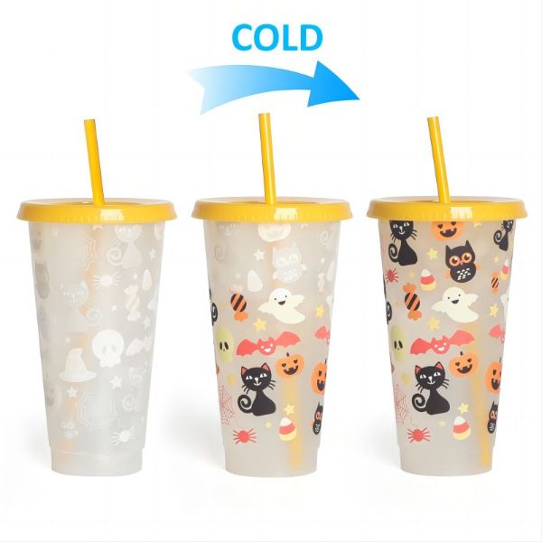 Custom Gift Set Tumbler Cold Plastic Color Changing Cartoon Ghost Magic Coffee Halloween Cup  with Lid and Straw