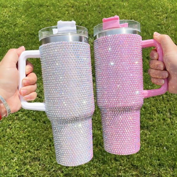 Custom Shiny Rhinestone 40oz Stainless Steel Leakproof Insulated Car Cup Outdoor Travel Tumbler with Handle and Straw