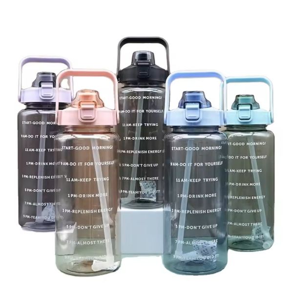 64oz Transparent Plastic Water Bottle Tritan PP Fitness Gym Sports Clear Plastic Motivational Cup with Time Marker and Straw