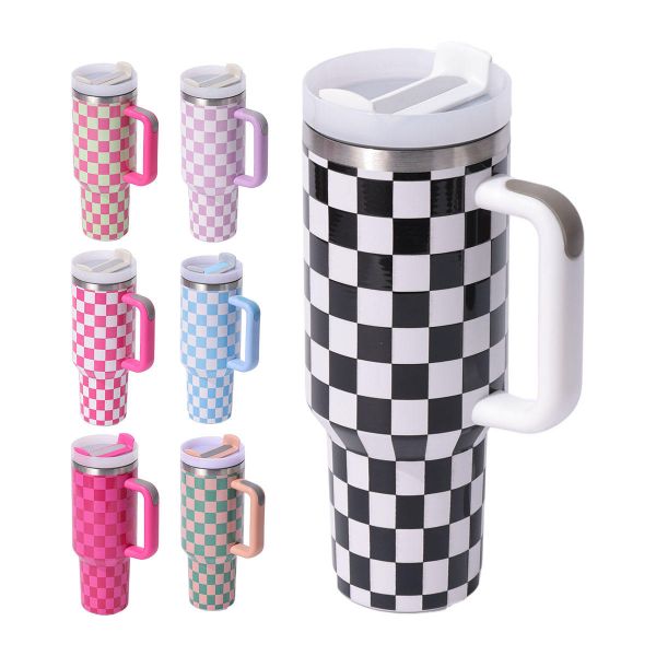 Custom Mosaic 40oz Stainless Steel Leakproof Insulated Car Cup Outdoor Travel Tumbler with Handle and Straw