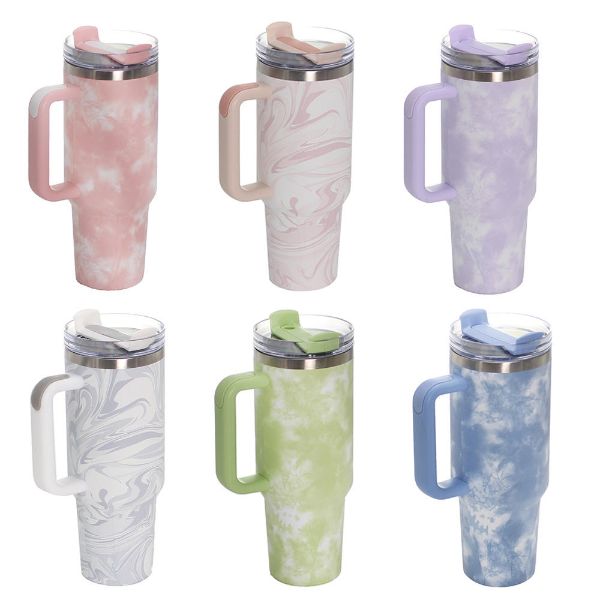 Custom Tie Dyed 40oz Stainless Steel Leakproof Insulated Car Cup Outdoor Travel Tumbler with Handle and Straw