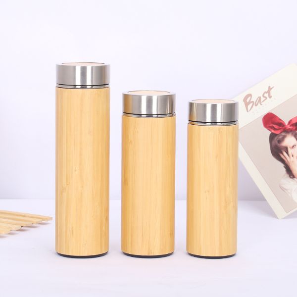 Custom Double Wall Insulated Stainless Steel Thermos Vacuum Flask Bamboo Shell Water Bottle