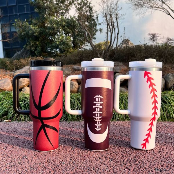 40oz Stainless Basketball Football ba<x>seball Leakproof Insulated Car Cup Outdoor Travel Tumbler with Handle and Straw