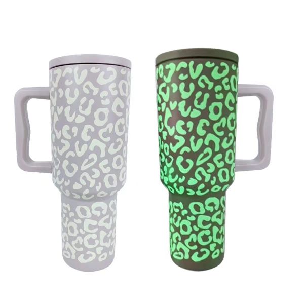 Leopard Glow in Dark 40oz Stainless Steel Leakproof Insulated Car Cup Outdoor Travel Tumbler with Handle and Straw