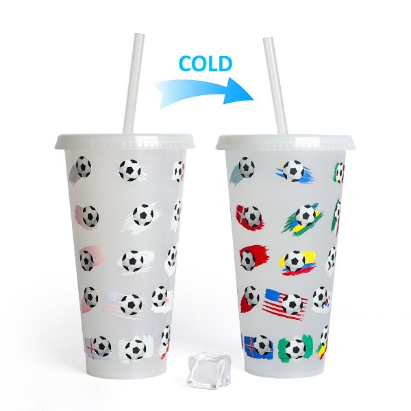 Custom Gift Set Tumbler Cold Plastic Color Changing Magic Coffee Football World Cup with Lid and Straw